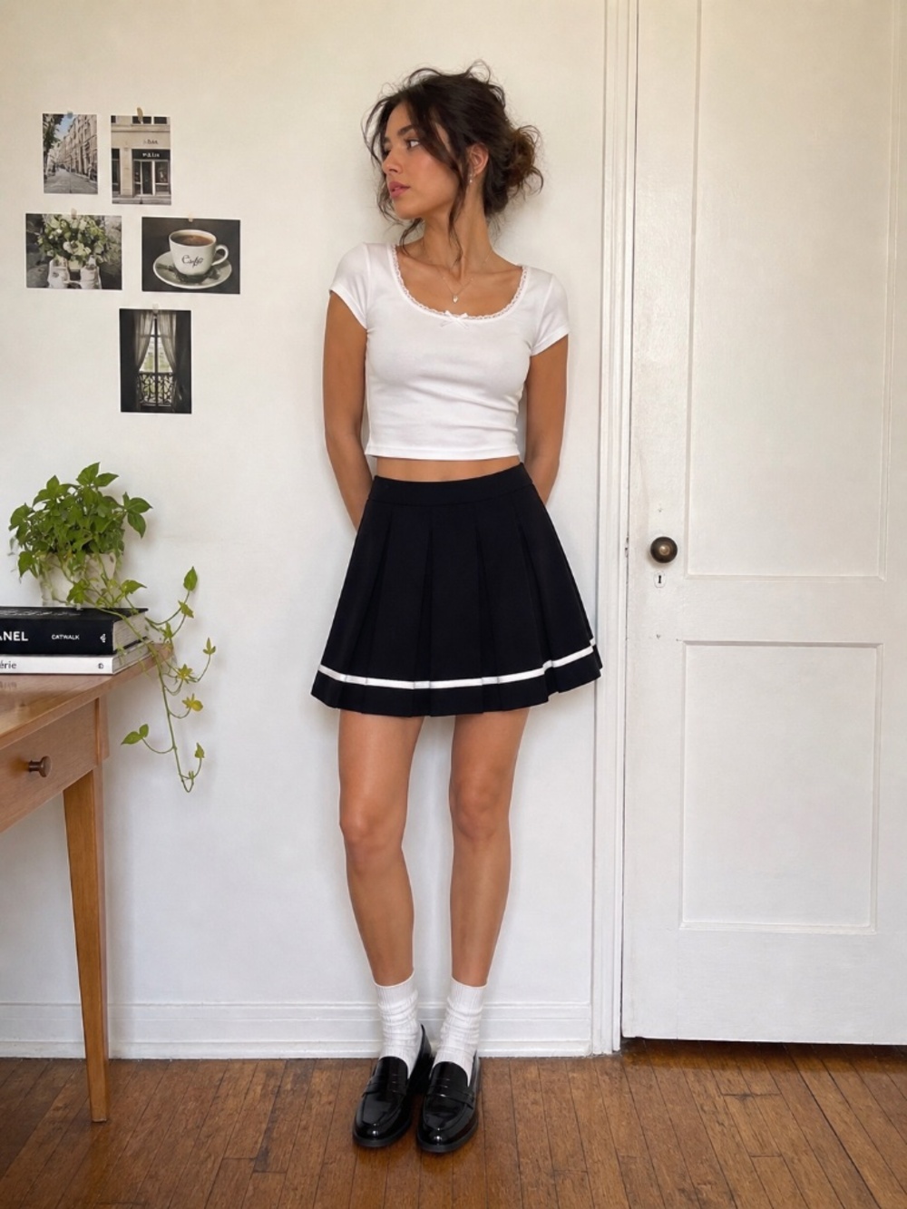 Parker Black Pleated Skater Mini Skirt Contrast Trim Preppy S
